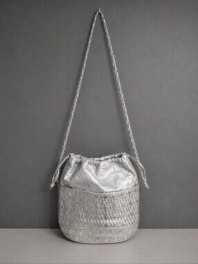 Sharif Vintage USA Silver Woven Leather Bucket Shoulder Bag EUC